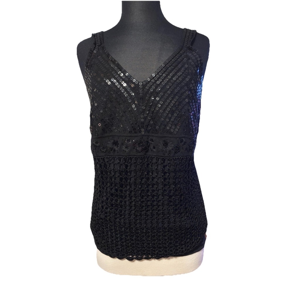 Vintage Mainbocker Black‎ Sequins Crochet Floral Silk blend Sleeveless Size XL